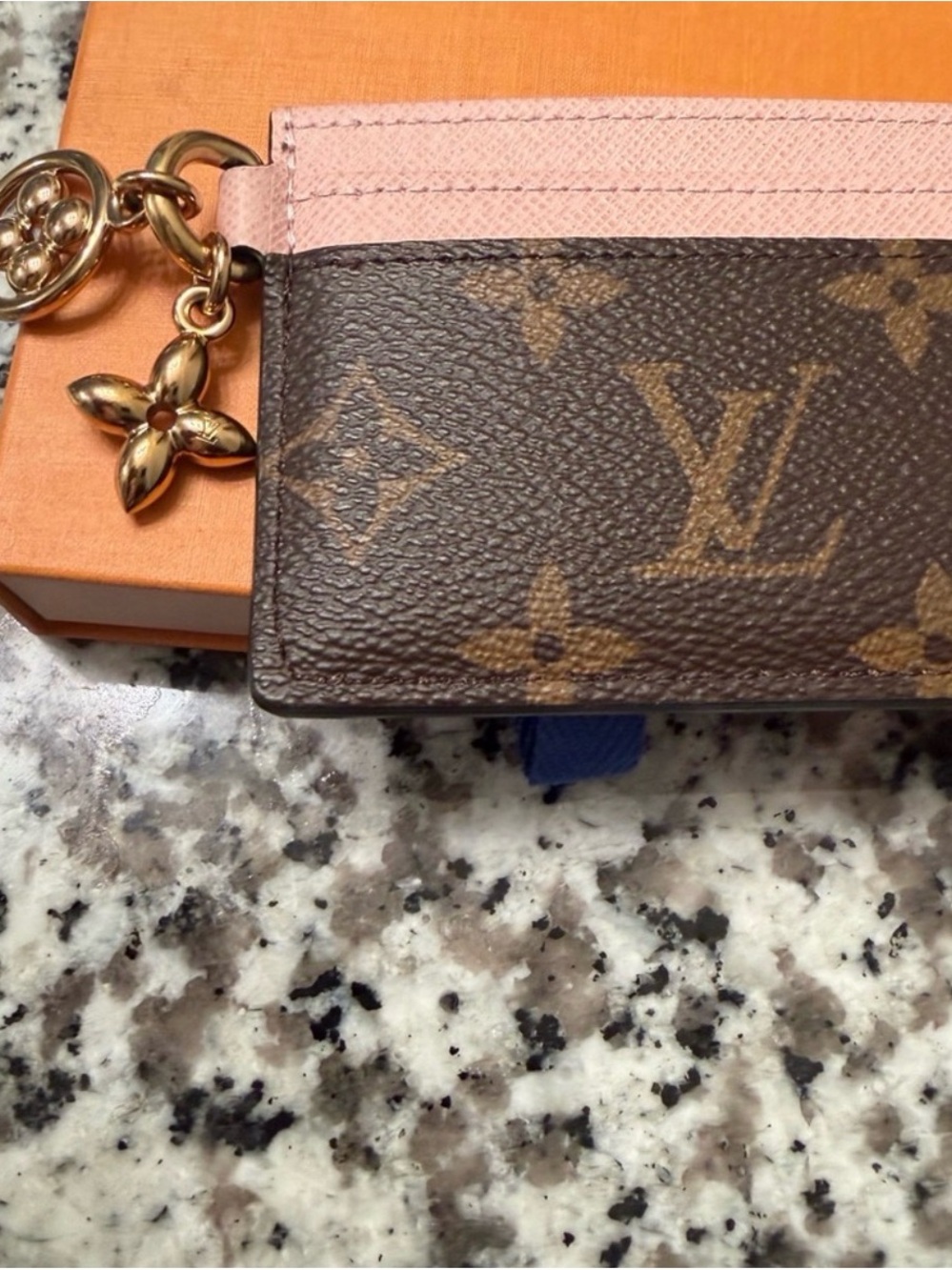 Louis Vuitton Brown Monogram Card Holder with Pink Trim and Gold Charm